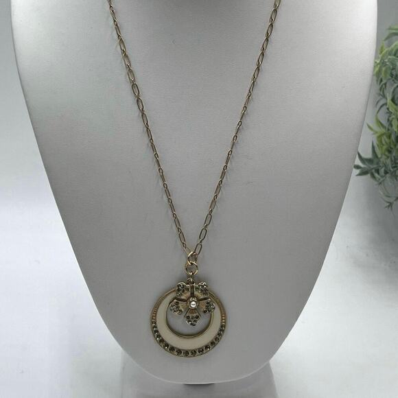 Catherine Popesco Cream Enamel Gray Swarovski Cryst Pendant Gold Plate Necklace - Picture 1 of 12